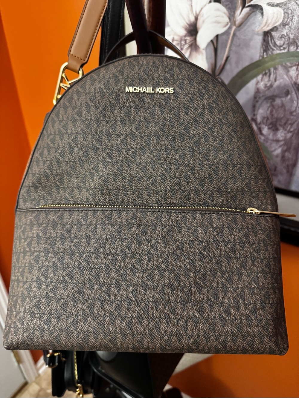 Michael Kors Brown MK Logo Dome Backpack with Gold Hardware